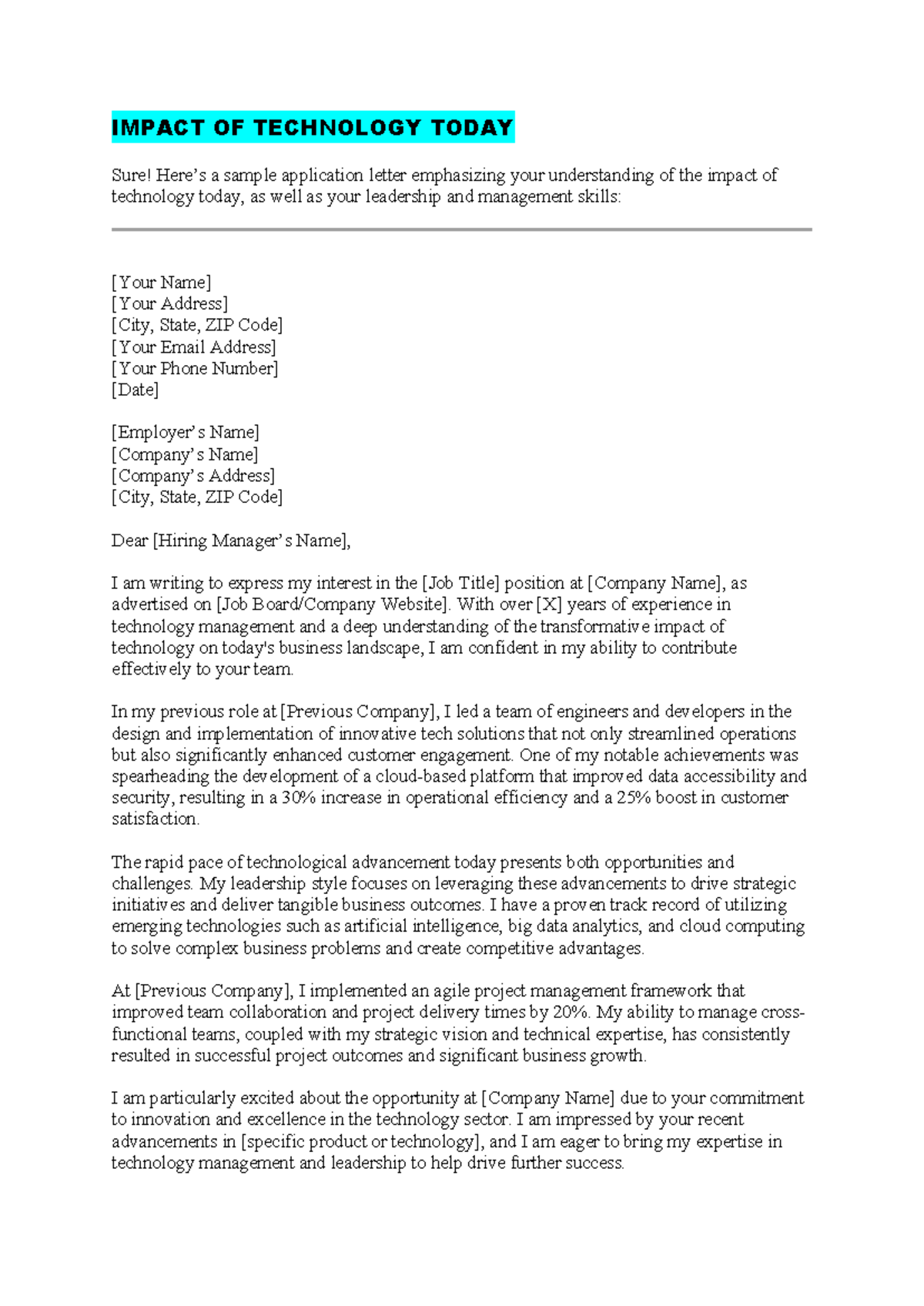 Impact of Technology Today: Application Letter Template - Studocu