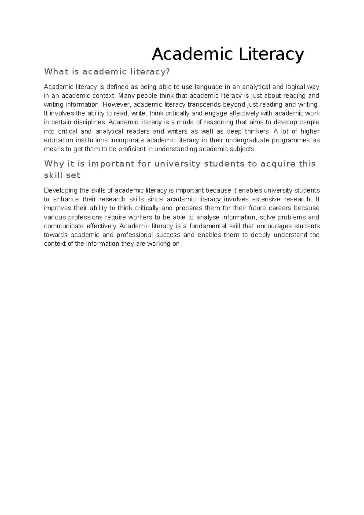 Academic Literacy 1 - Essay Notes on Importance and Skills - Studocu