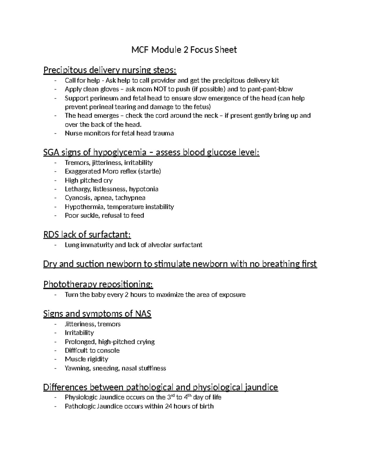 Module 2 Focus Sheet - Nursing Notes for MCF: Precipitous Delivery Care ...