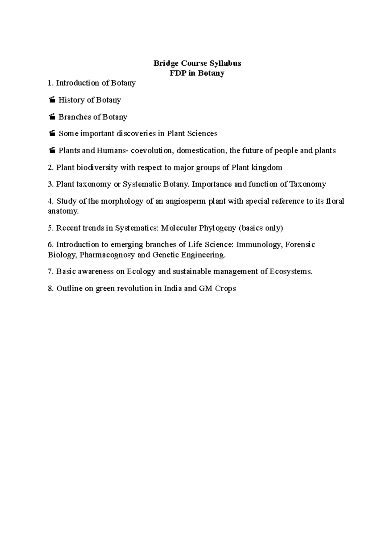 Bridge Course Syllabus: FDP in Botany 2023 Overview and Topics - Studocu