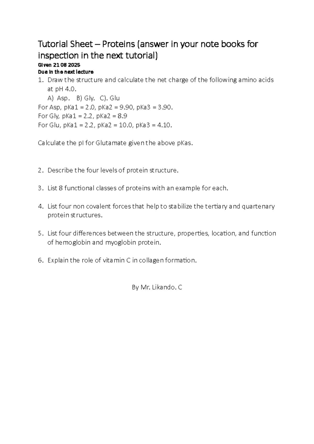Tutorial Sheet: Proteins (BIO 2025) - Structure & Functions - Studocu