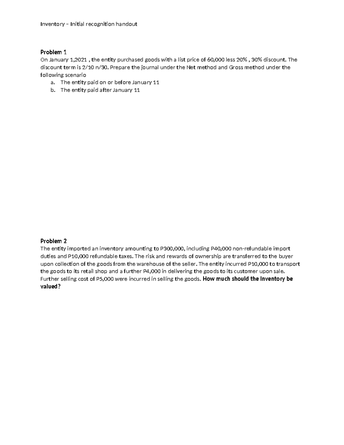Inventory - Initial Recognition Problems & Journal Entries Guide - Studocu