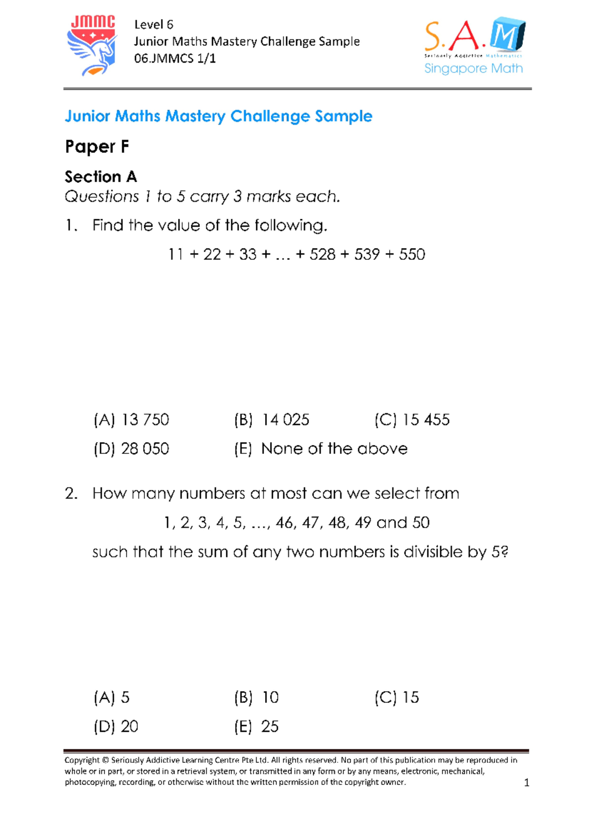 JMMC L6 Junior Maths Mastery Challenge Mock Paper F Sample S.A - Studocu