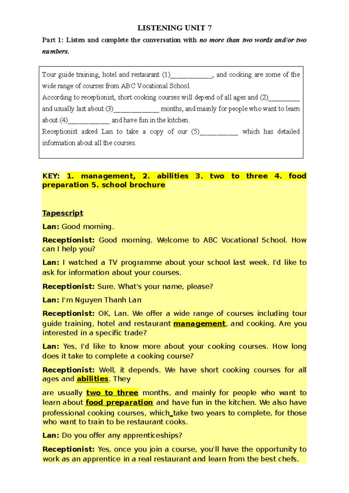 Listening Unit 7: Conversation Completion & Course Info - GV - Studocu
