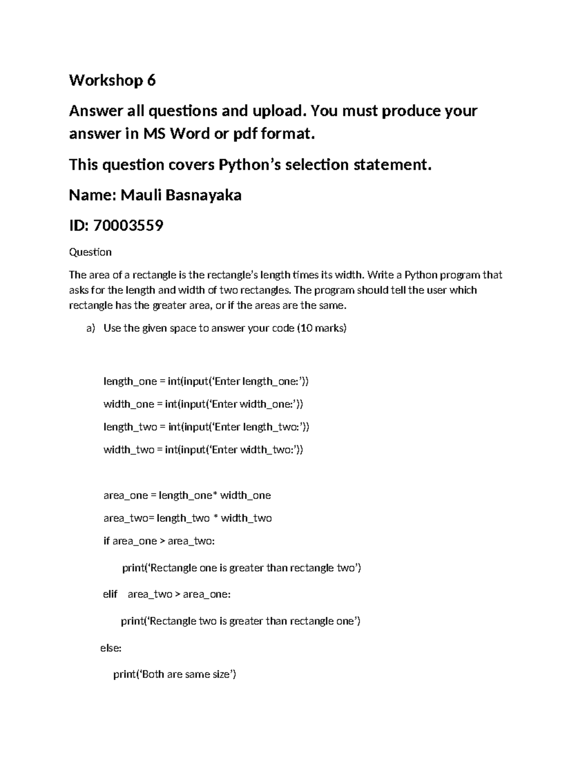 Workshop 6 - 70003559 - Workshop 6 Answer all questions and upload. You ...