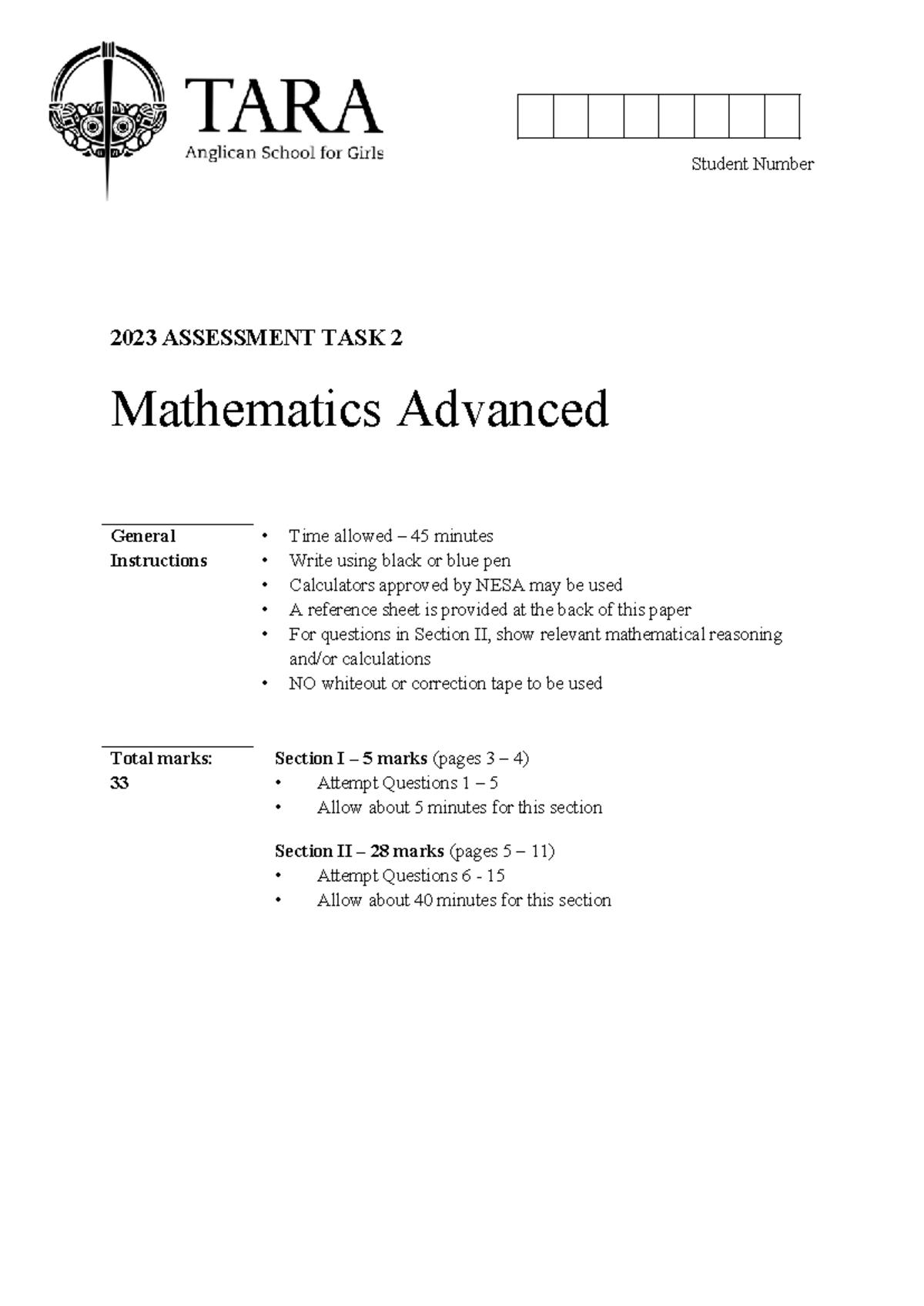 2023 Year 11 Maths Advanced Assessment Task 2 Guide - Studocu