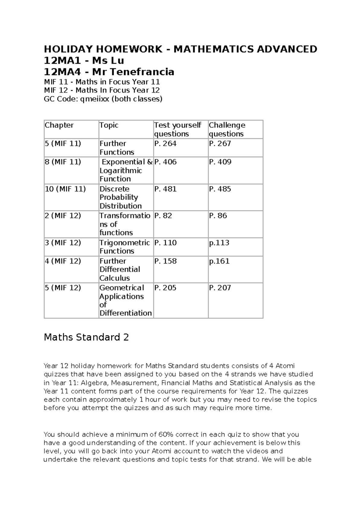 Holiday Homework - do these excerises to become a math guru - HOLIDAY ...