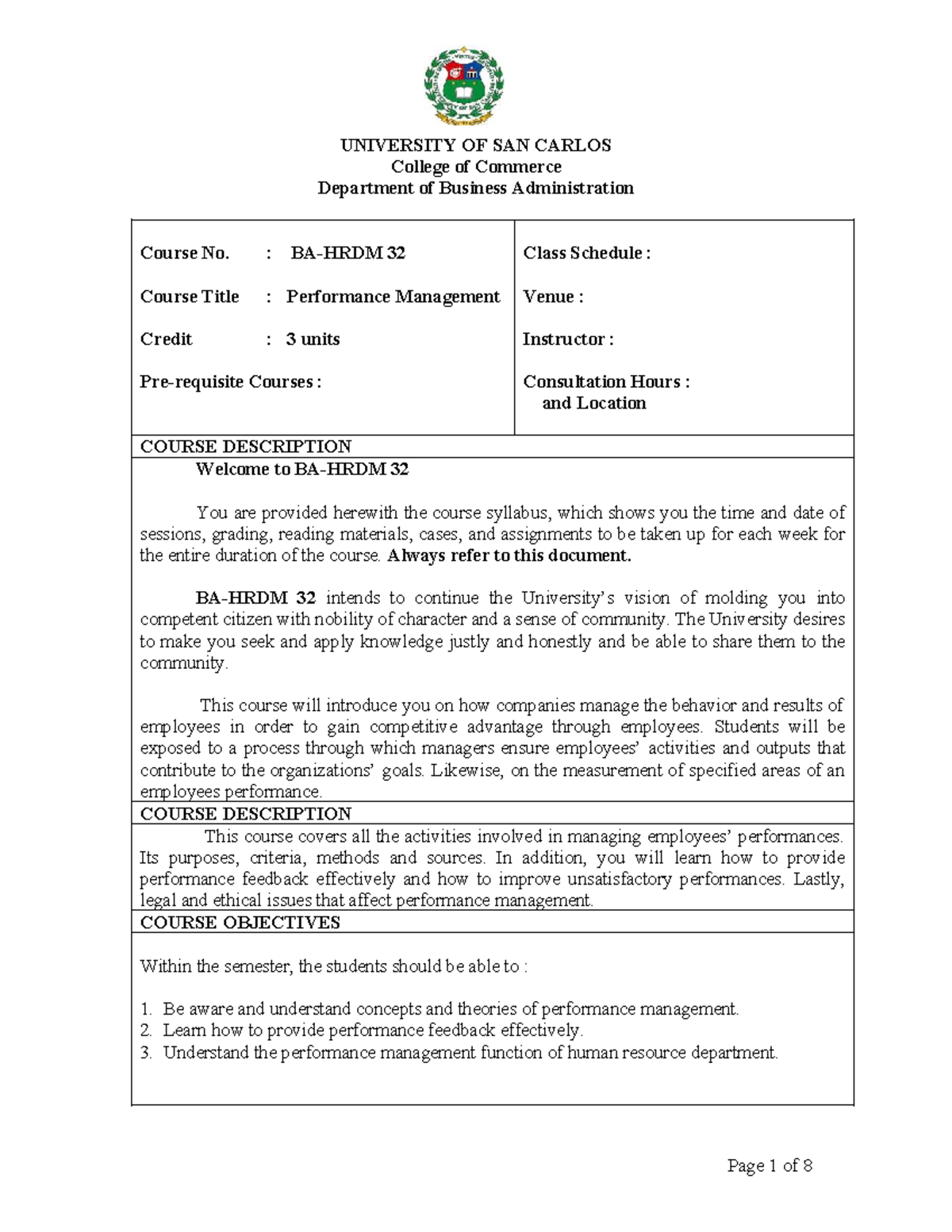 BA-HRDM 32 Course Syllabus: Performance Management Overview - Studocu