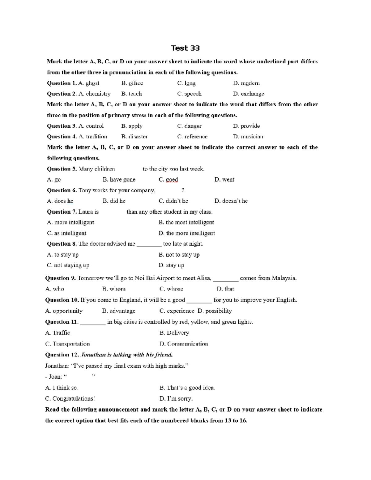 Test 33 - Practice Test for English Proficiency - Studocu