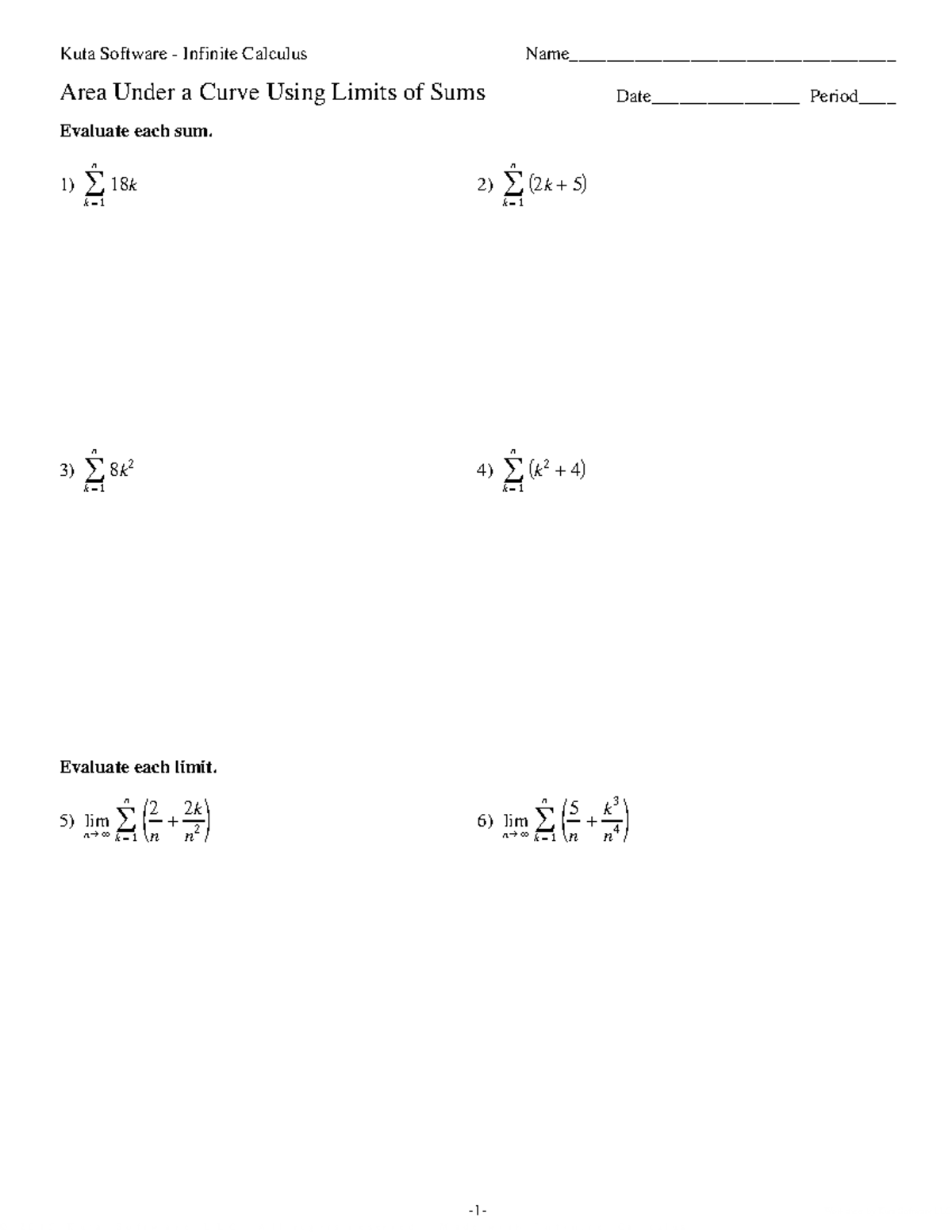 06 - Area Under a Curve Using Limits - Kuta Software Infinite Calculus ...