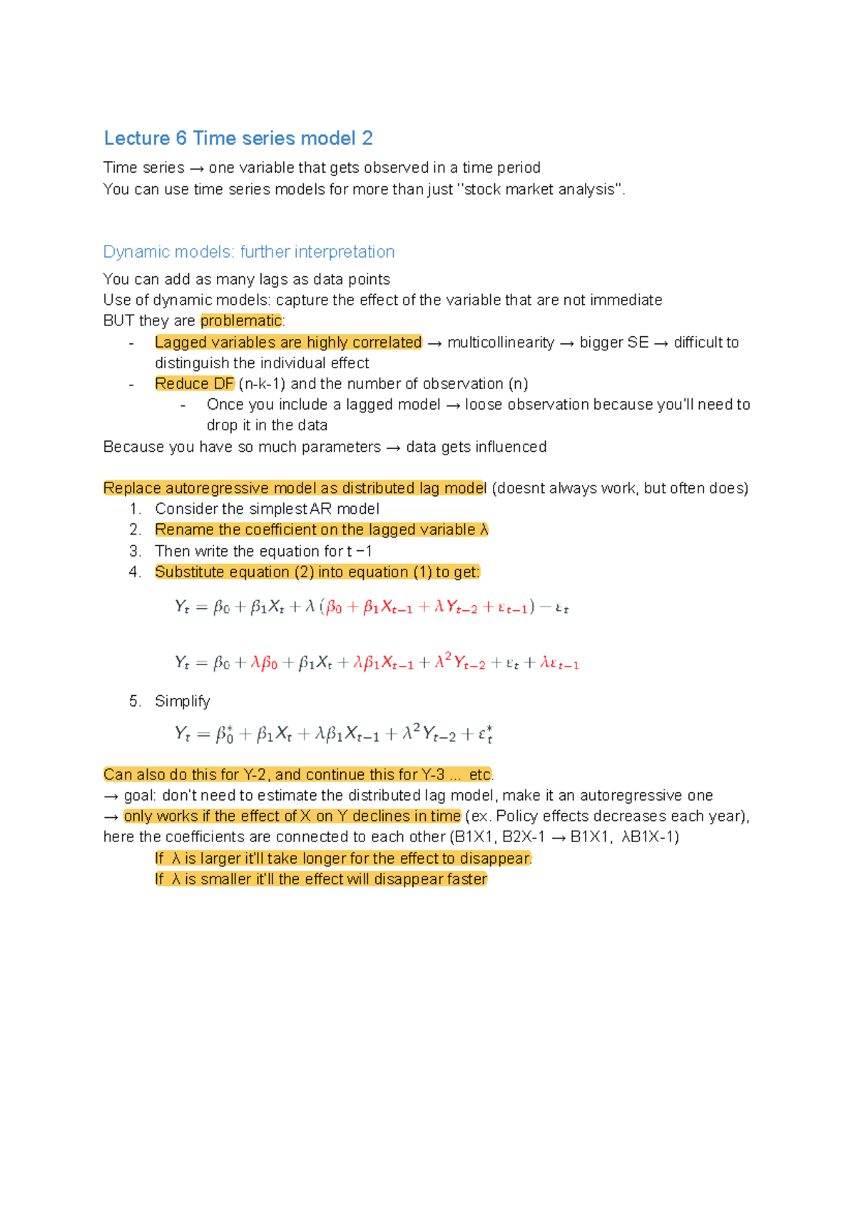 Lecture 6: Advanced Time Series Models and Their Applications - Studeersnel