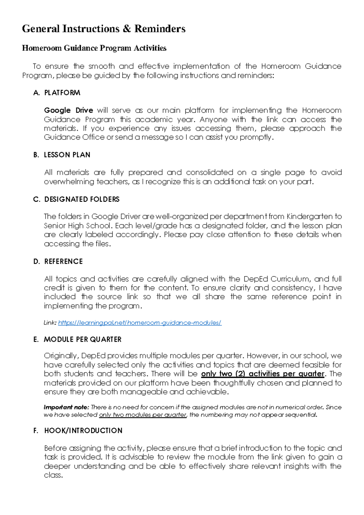 HGP- General Guidelines for Homeroom Guidance Program Activities - Studocu