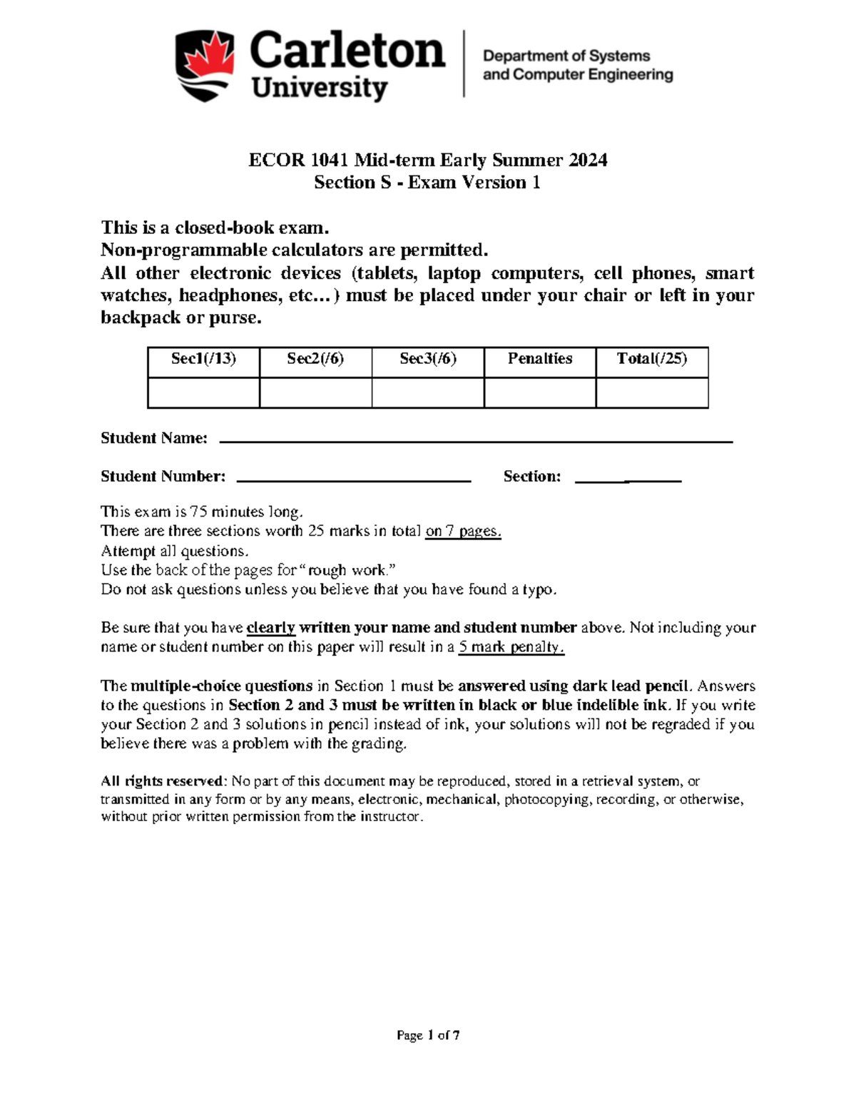 ECOR 1041S 2024 Midterm Exam Version 1 Instructions and Questions - Studocu