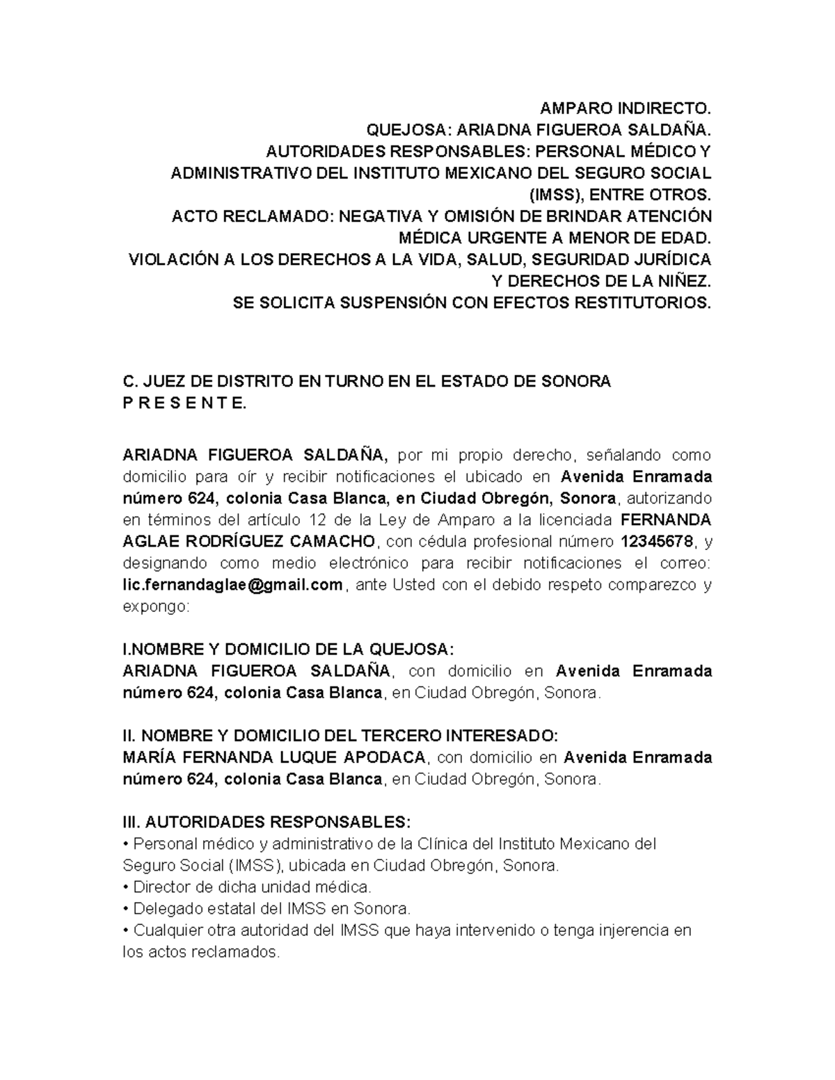 Demanda de Amparo Indirecto IMSS: Negativa de Atención Médica Urgente - Document Preview