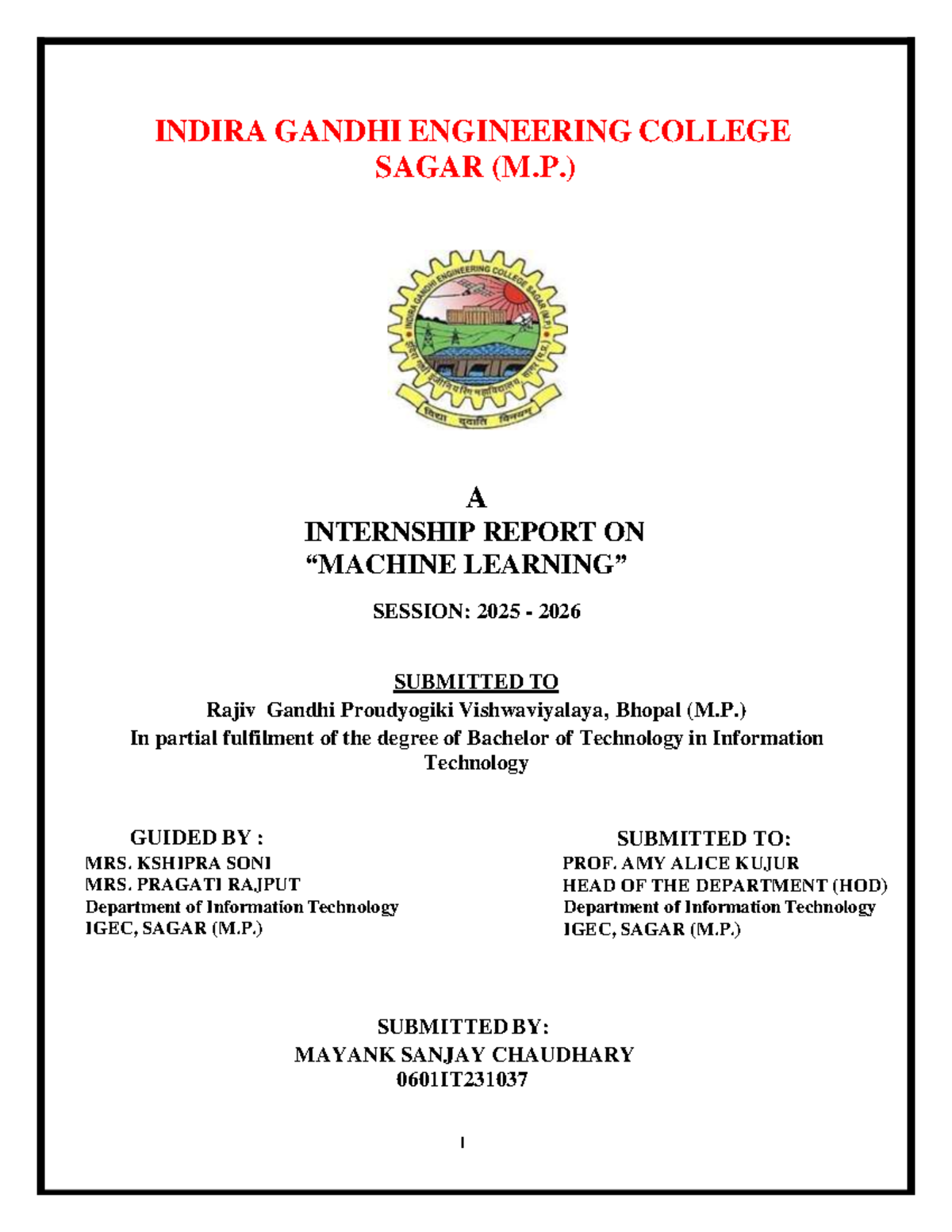 B.Tech IT Internship Report on Machine Learning (0601IT231037) - Studocu