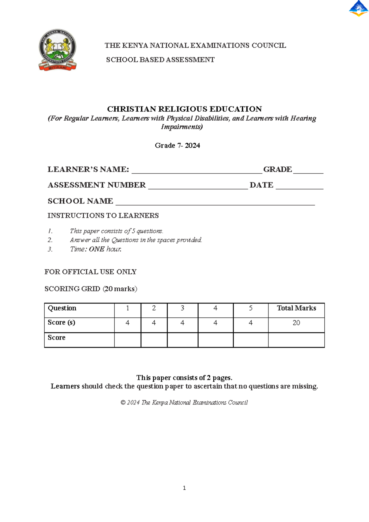 CRE 1 202409252013 24620 Regular - 1 THE KENYA NATIONAL EXAMINATIONS ...
