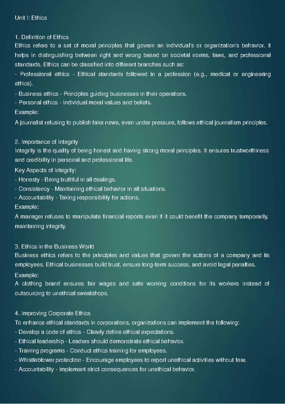Ethics Lecture Notes: Unit 1 Overview and Key Concepts - Studocu