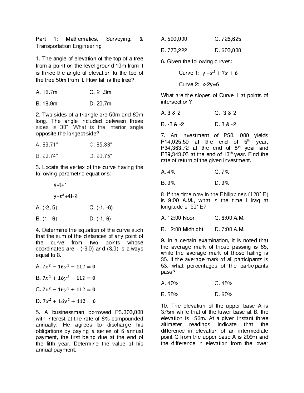 Mathematics, Surveying & Transportation Engineering Review (ENG 101 ...