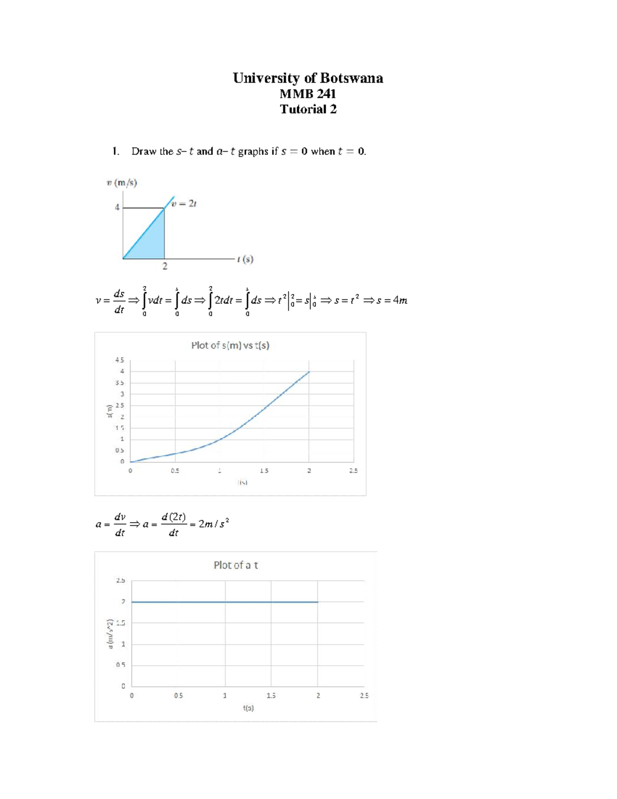 MMB 241 Tutorial 2: Graphs, Equations, and Motion Analysis - Studocu