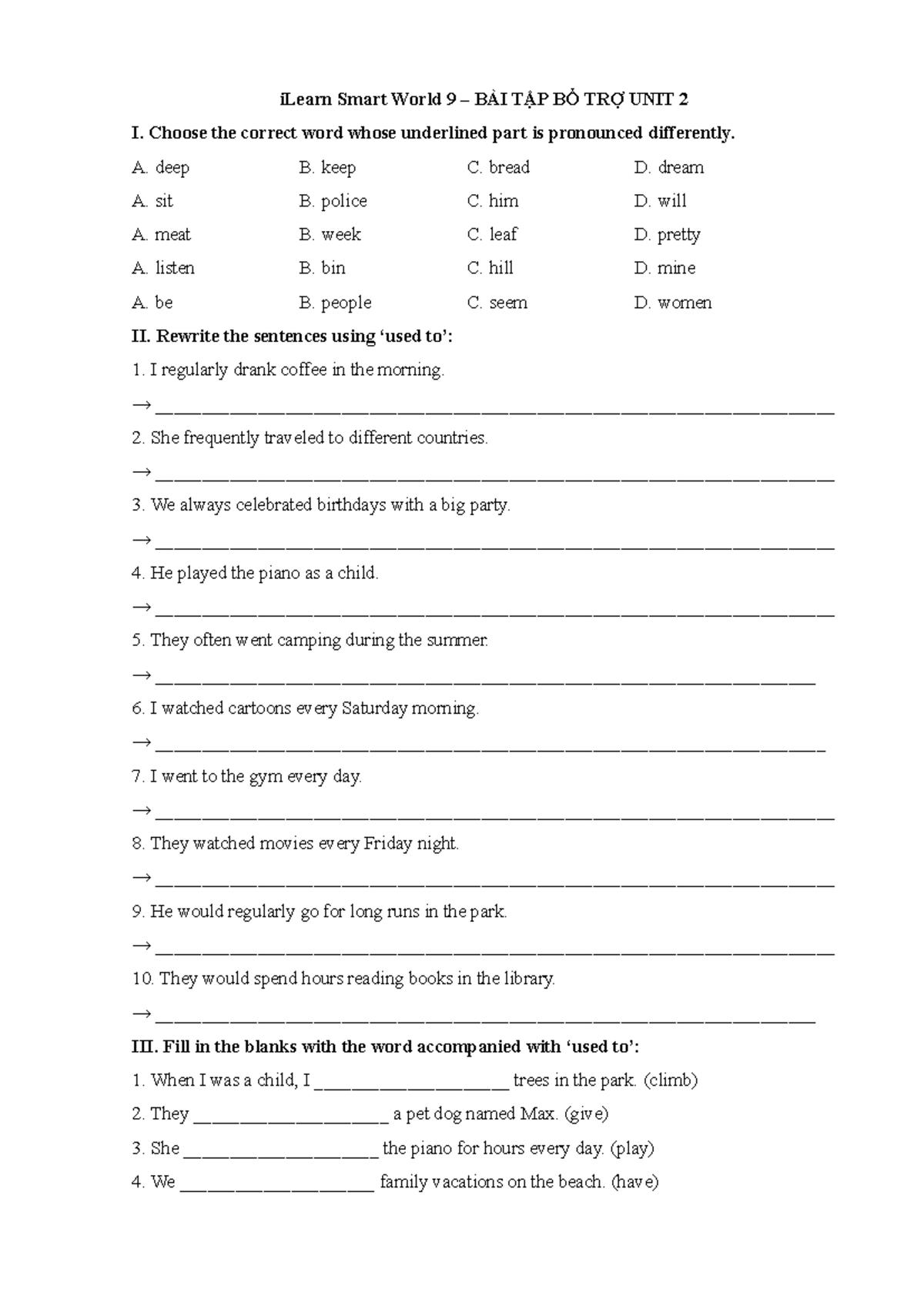 BT Unit 2 - Exercises for Grade 9 iLearn Smart World - Studocu