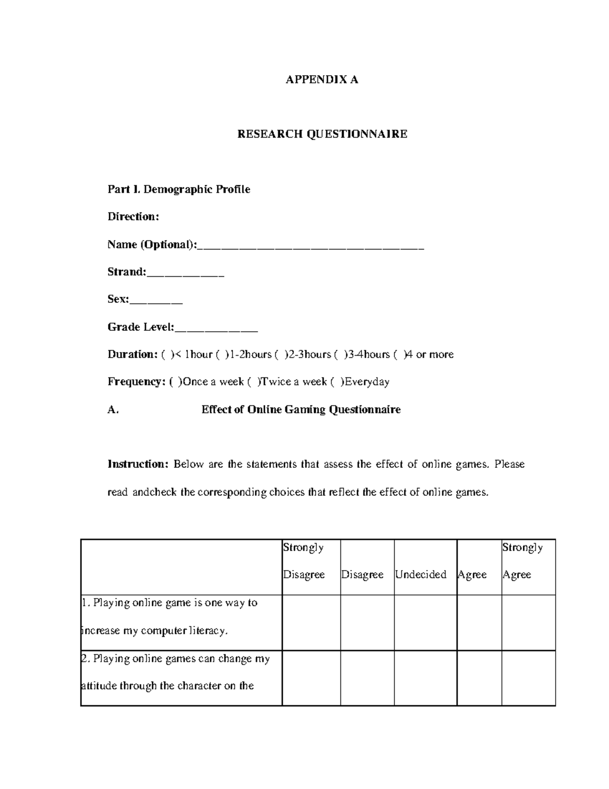APPENDIX A - Research Questionnaire on Online Gaming Effects and ...