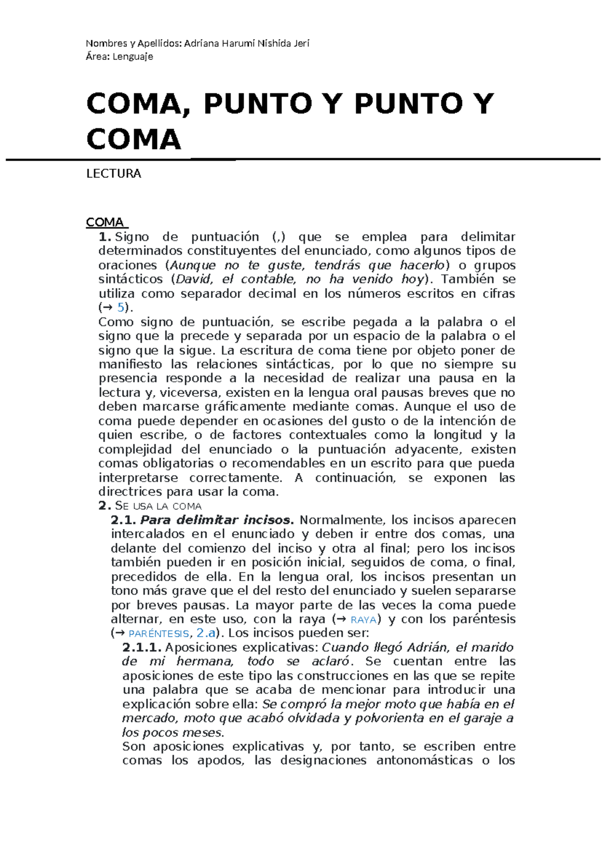 Uso de la coma: directrices y ejemplos en Lenguaje (Área: Lenguaje ...