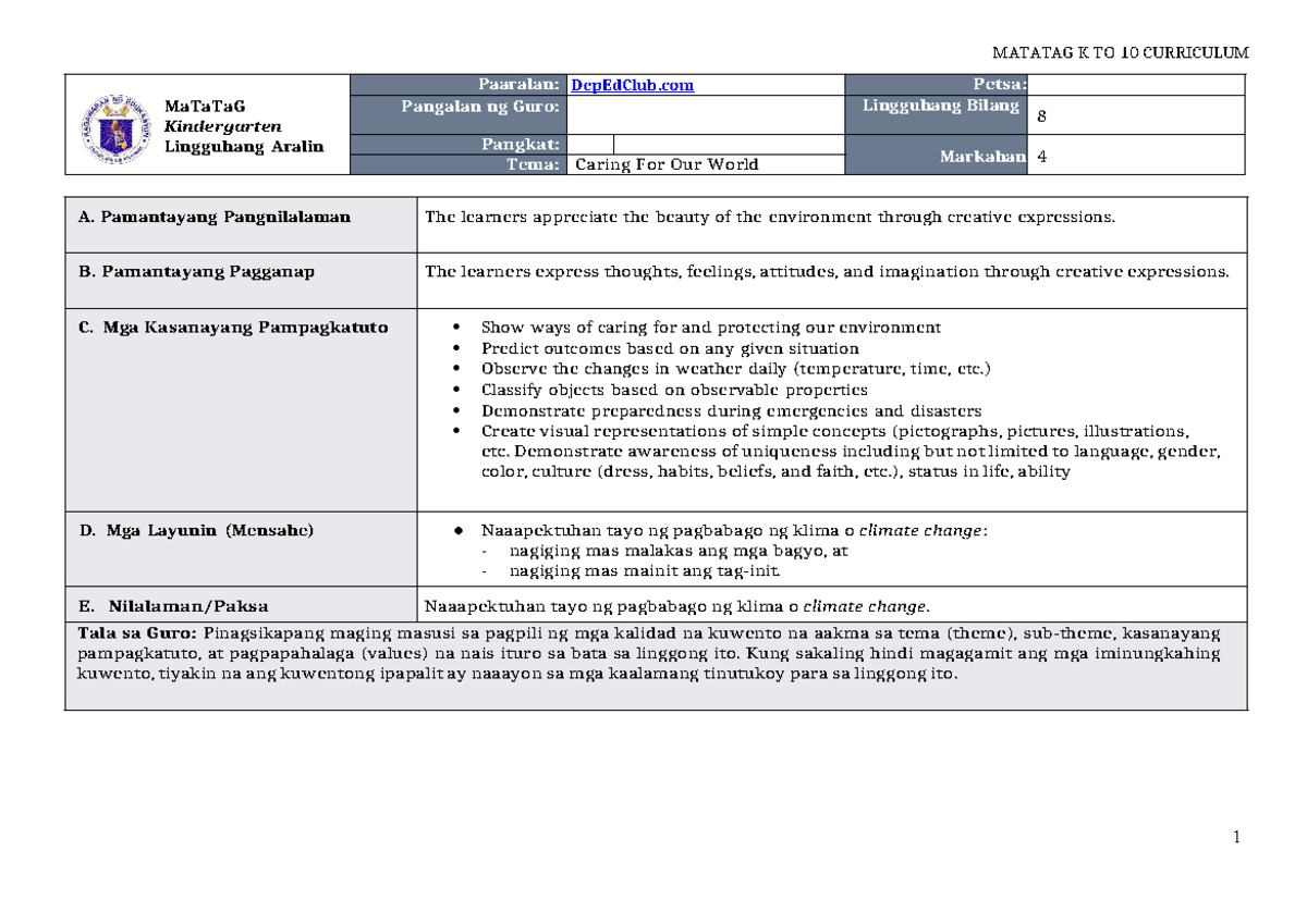 DTC DLL Kindergarten Q4 W8: Caring for Our World Lesson Plan - Studocu
