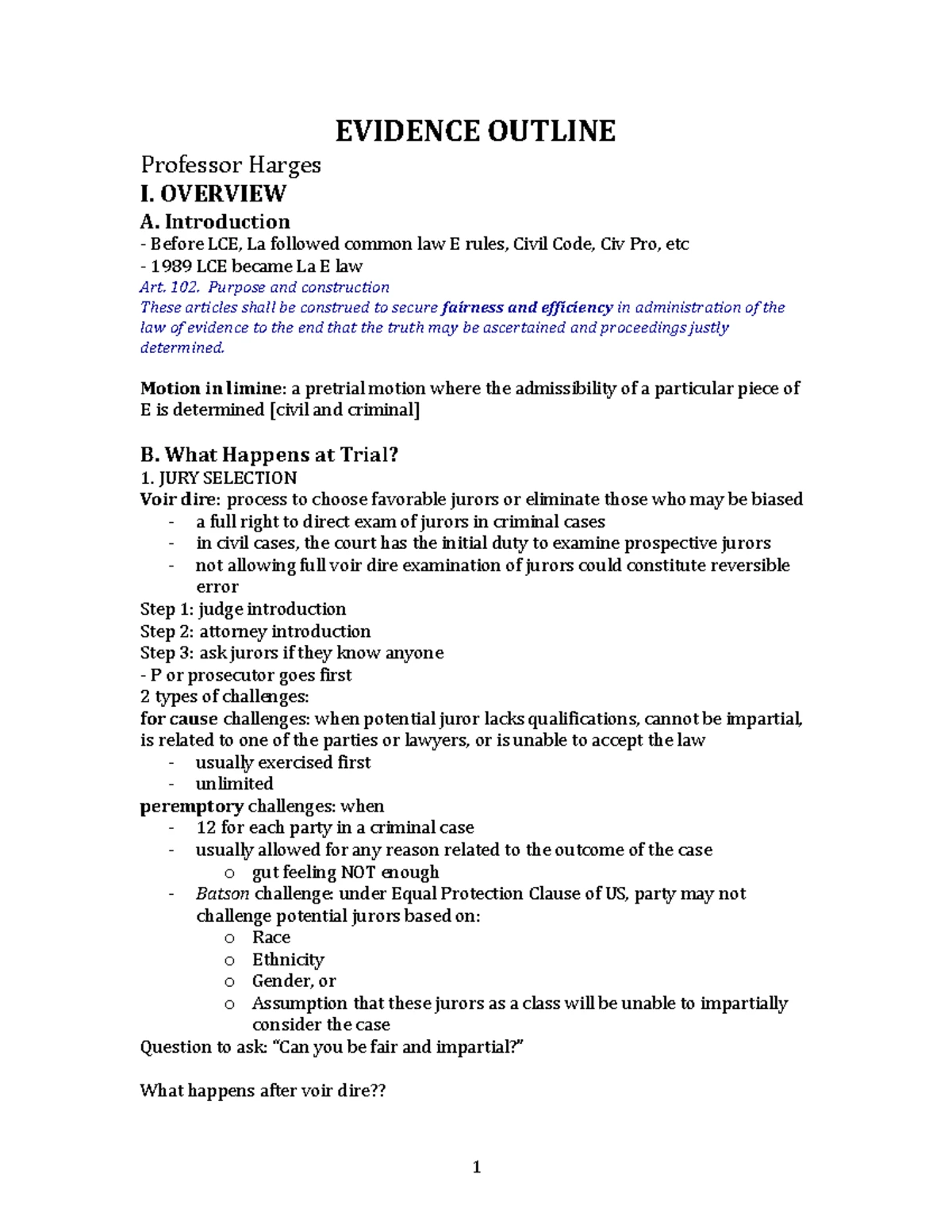 GOOD Evidence Outline - Evidence Outline Harges—Fall 2011 I. Trial ...