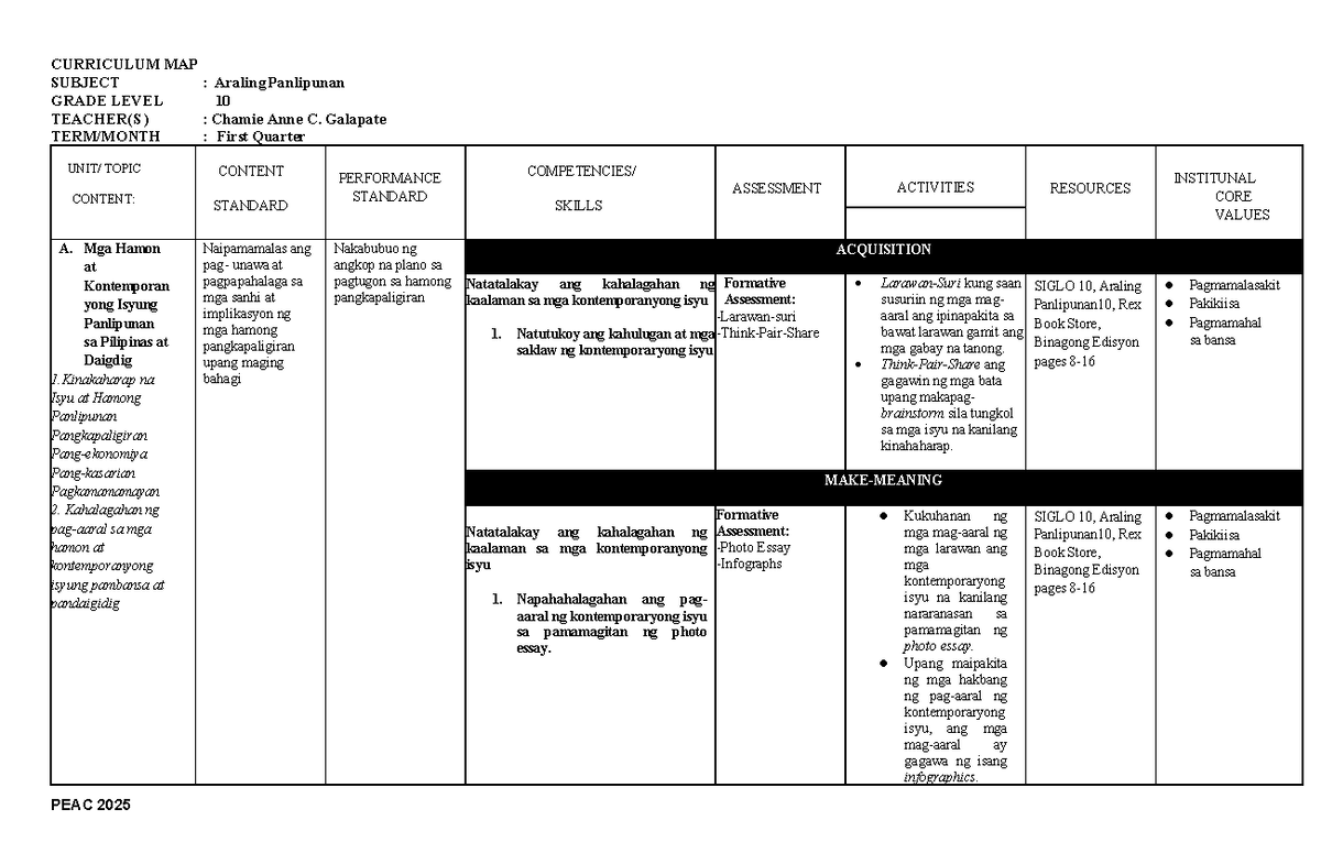 AP10 Curriculum Map: Araling Panlipunan Overview for 2025-2026 - Document Preview