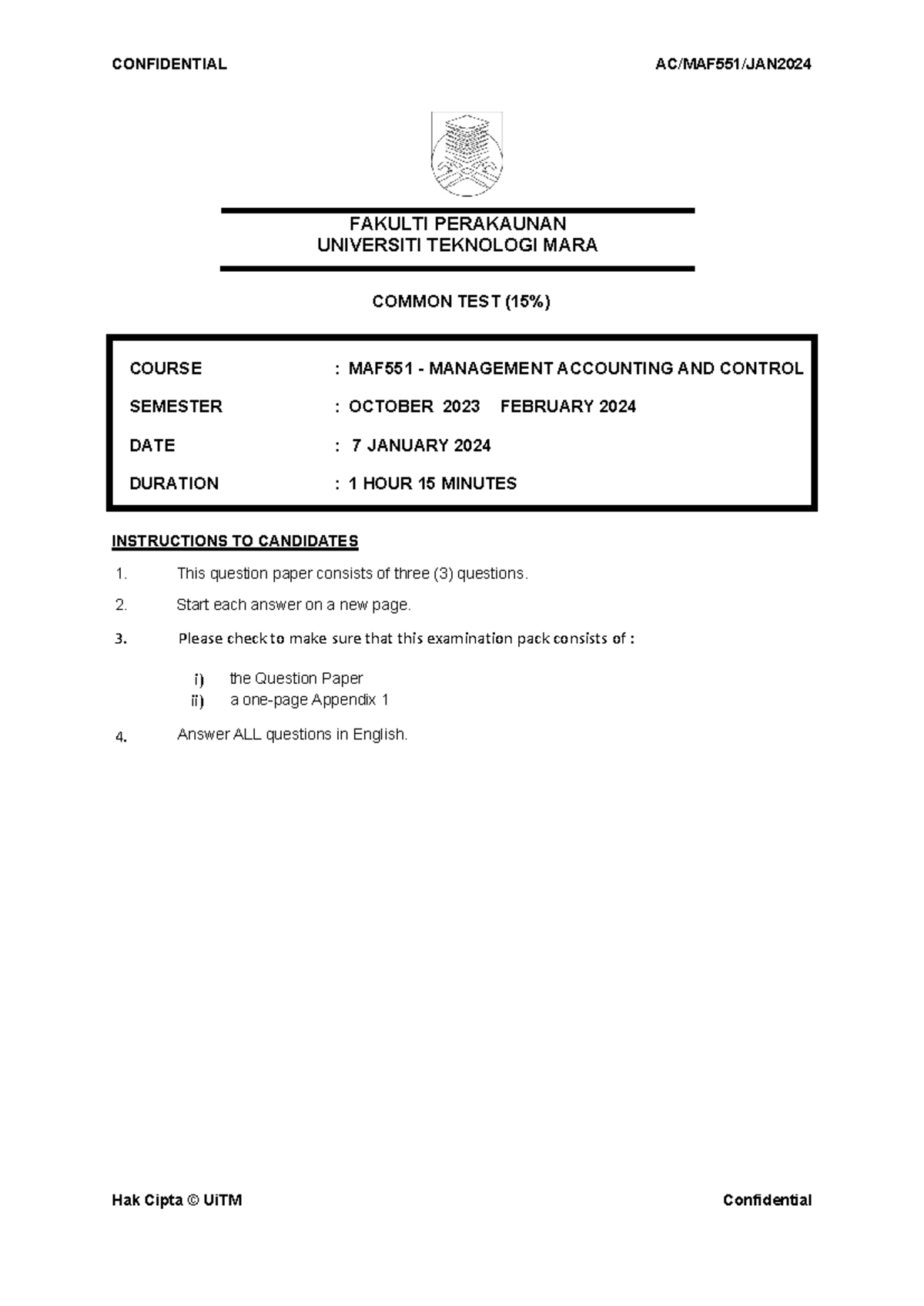 TEST MAF551 - 20234 - Management Accounting Common Test Questions - Studocu