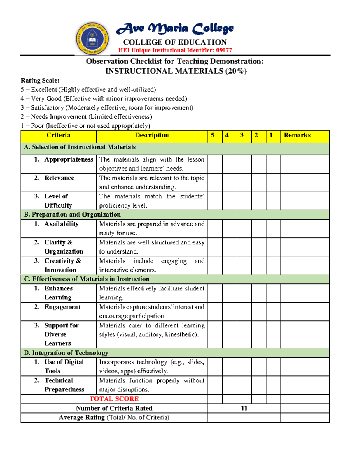 Observation Checklist for Teaching Demonstration - Ave Maria College ...