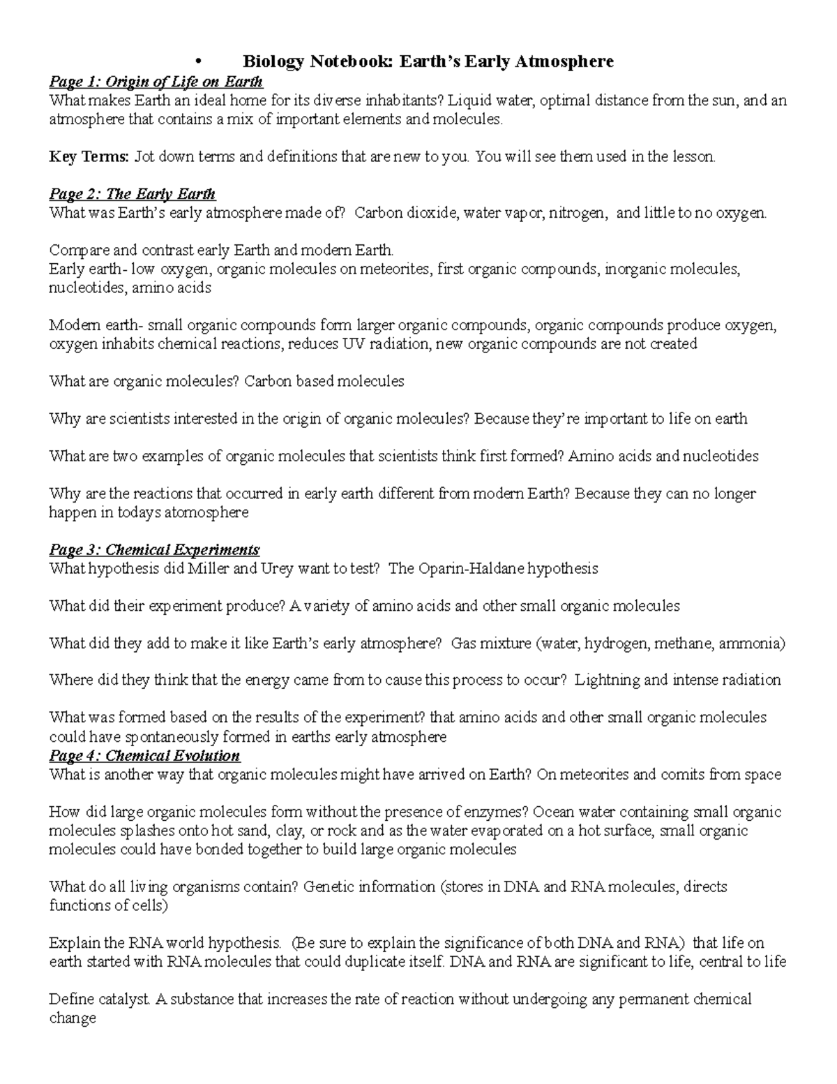 Biology 101: Lecture Notes on Early Atmosphere and Origin of Life - Studocu