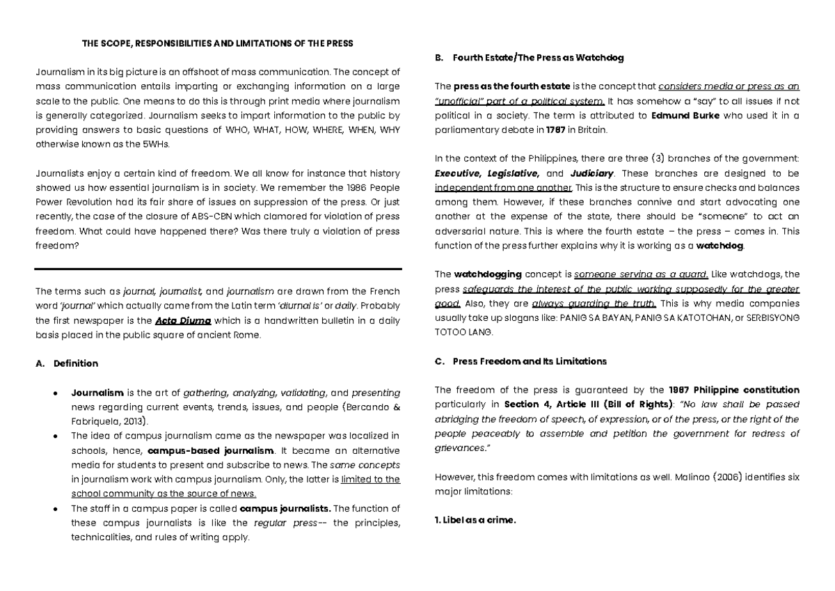 Campus Journalism Overview: Scope, Roles, and Limitations (CJ101) - Studocu