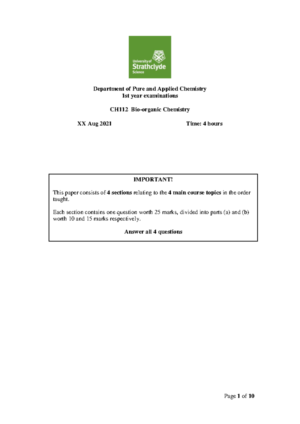 Aug CH112 Bio-organic Chemistry Exam Paper - August 2021 - Studocu