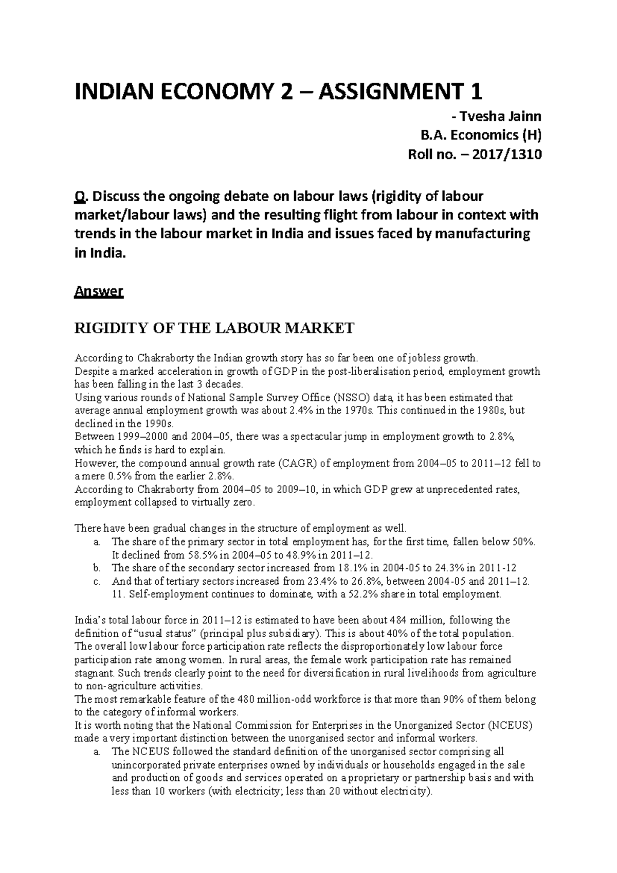 Indian Economy 2 – Assignment 1: Labour Laws and Market Trends Analysis ...
