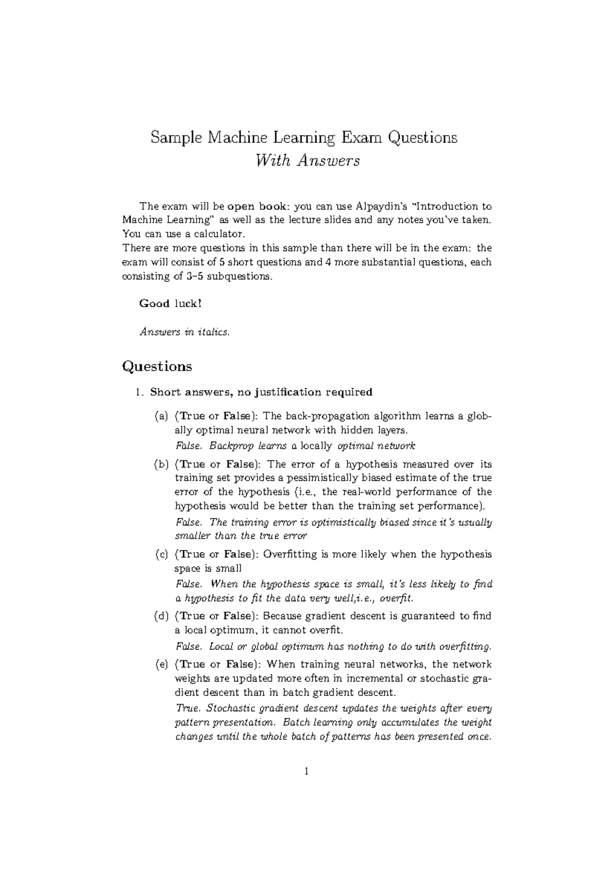 Machine Learning Sample Exam Questions with Answers (June 10, 2013 ...
