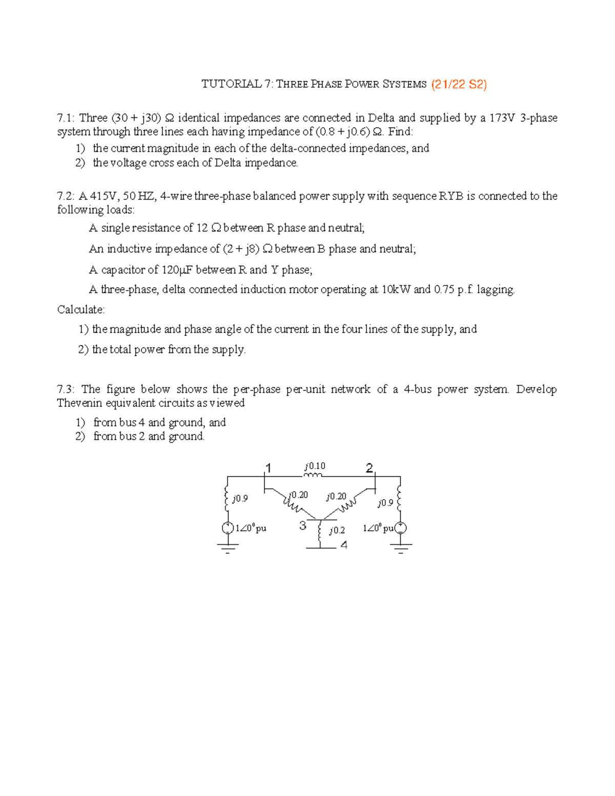 EE4533 Tutorial Questions on Three Phase Power Systems - 2023 - Studocu