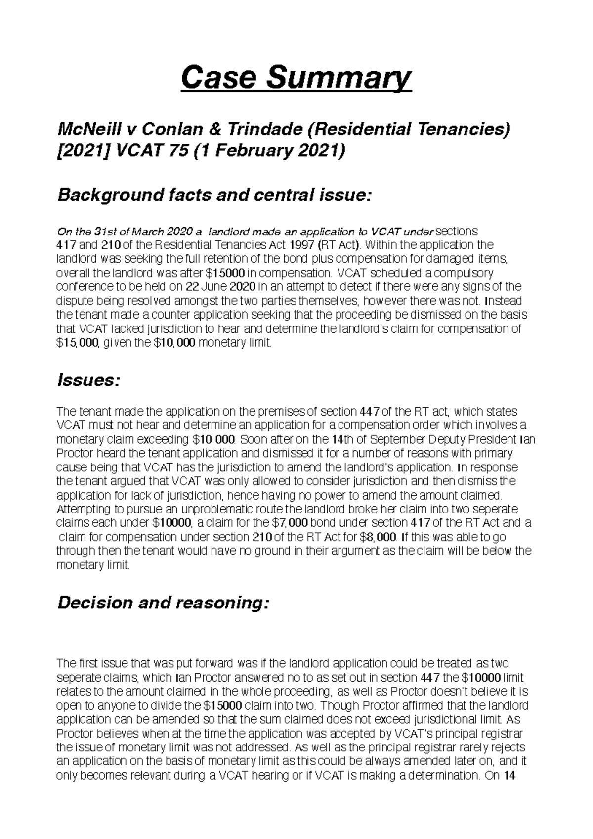 Case Summary: McNeill v Conlan Trindade (VCAT 75, 1 Feb 2021) - Studocu