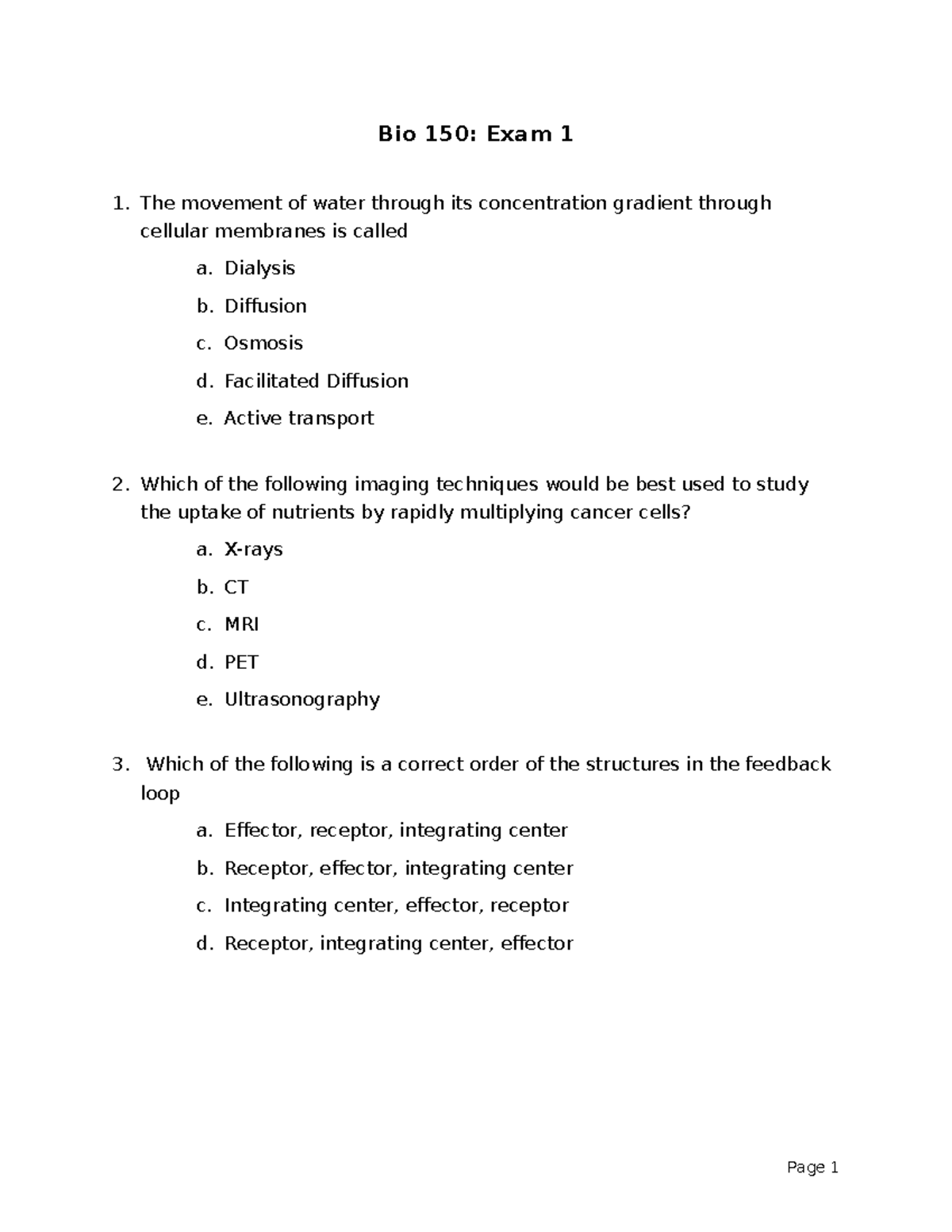 Bio 150: Exam 1 - Questions and Answers for January 2020 - Studocu