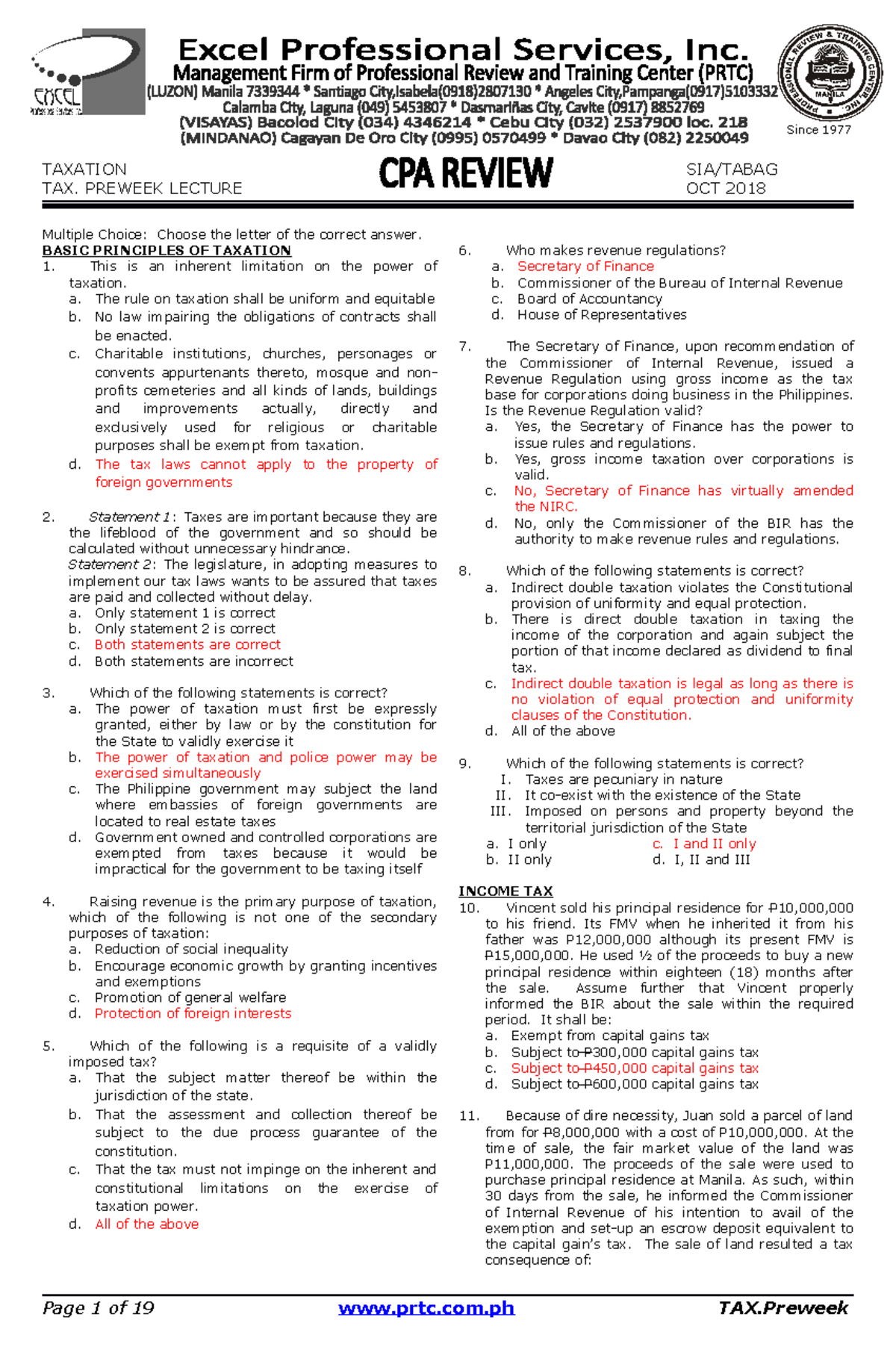 Tax 1810 Preweek Lecture Notes: Key Concepts and MCQs - Document Preview