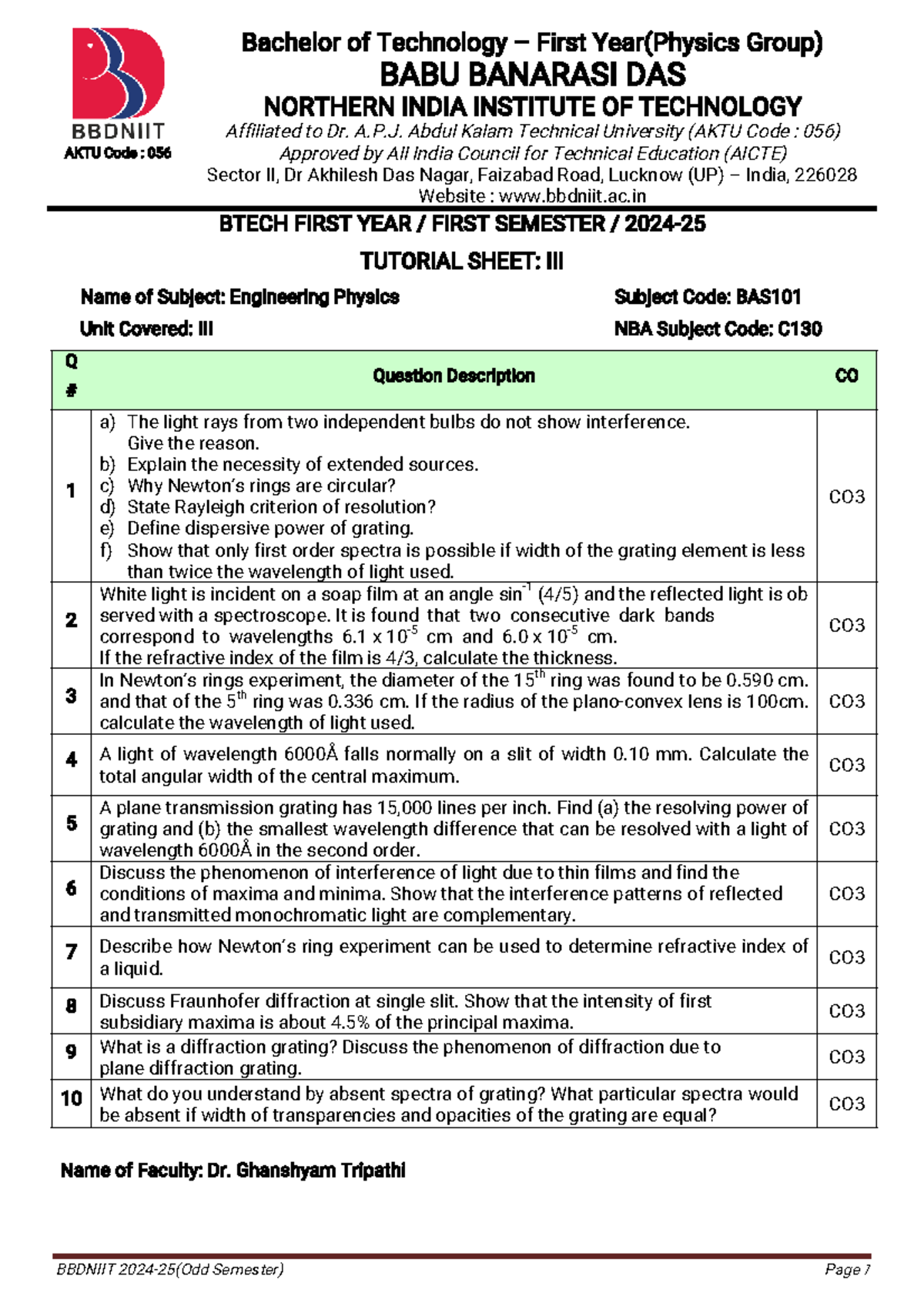 Engineering Physics (BAS101) Tutorial Sheet - Unit 3 - Studocu
