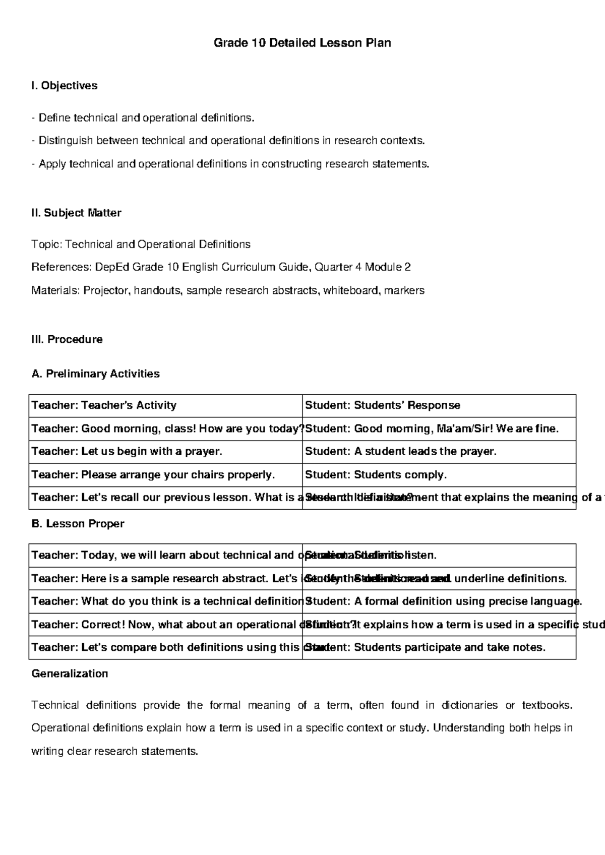 Grade 10 DLP: Understanding Technical & Operational Definitions - Studocu