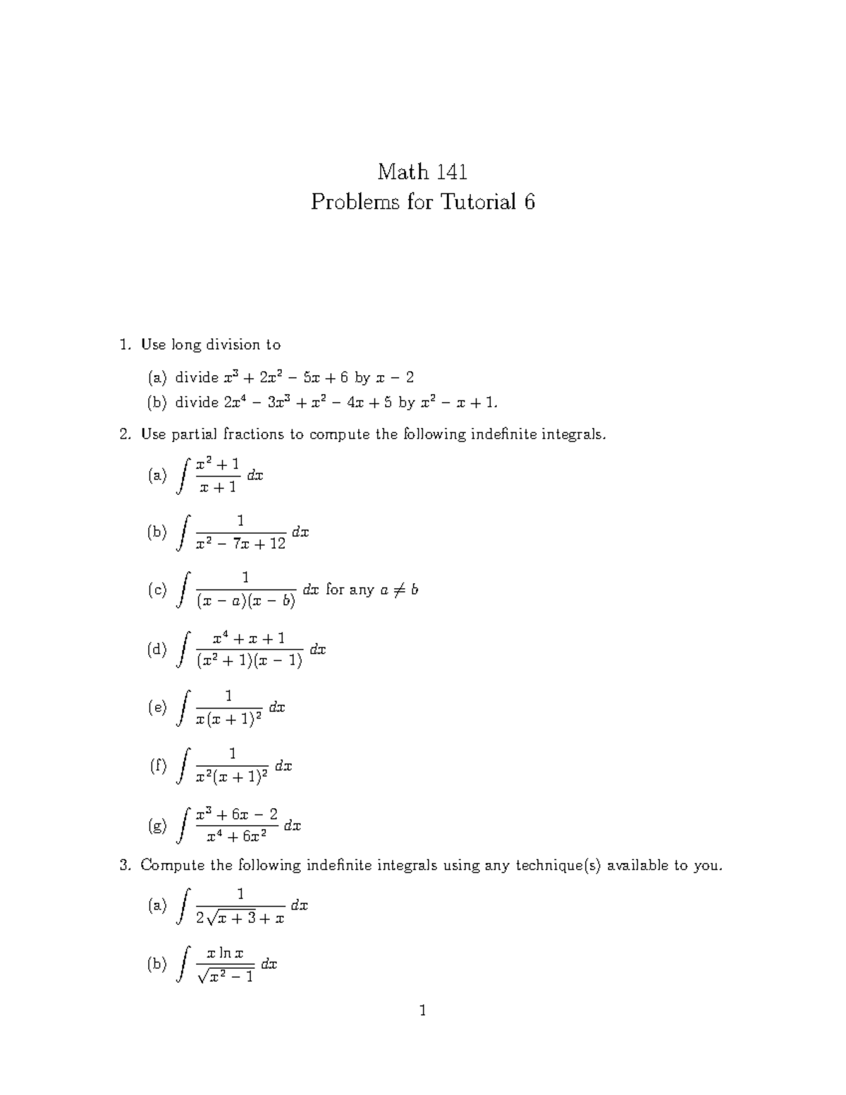 Math 141 Tutorial 6 Problem Set: Division & Integrals - Studocu