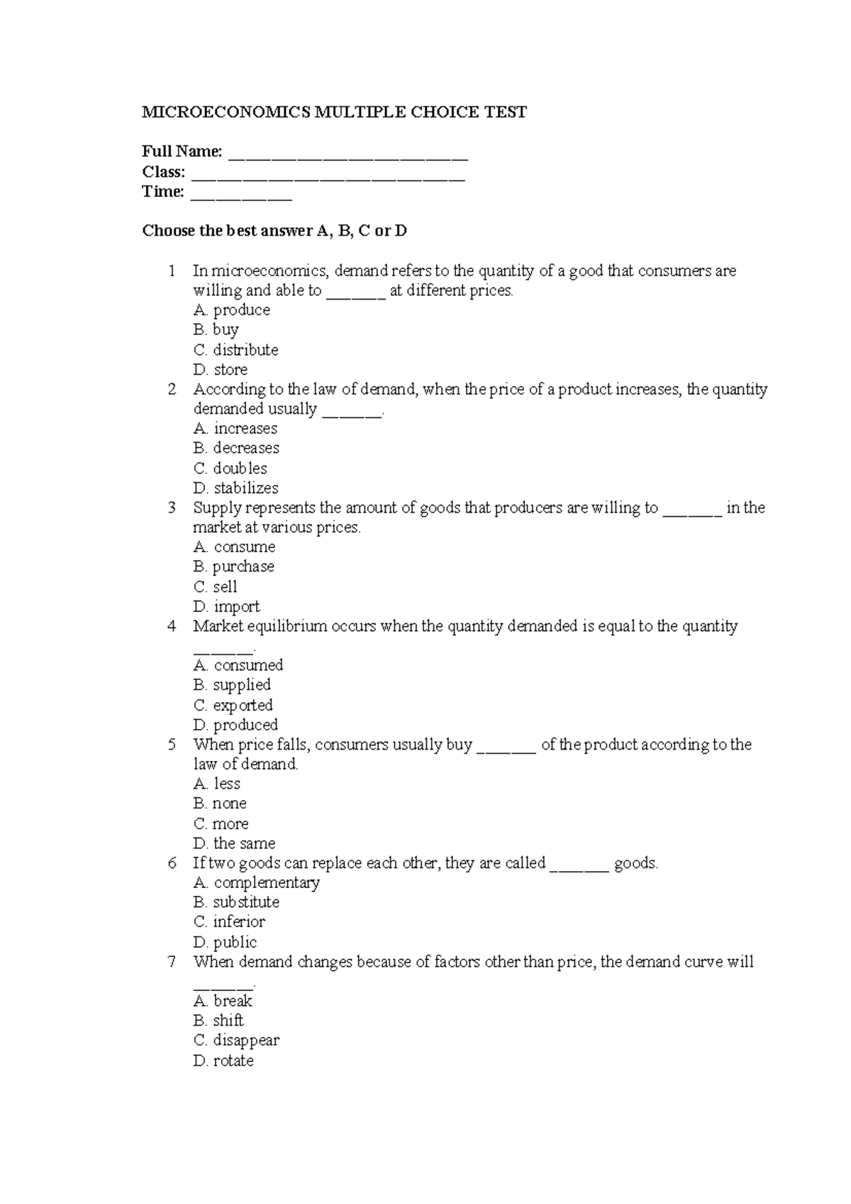 MICROECONOMICS MC TEST: Multiple Choice Questions & Answers - Studocu