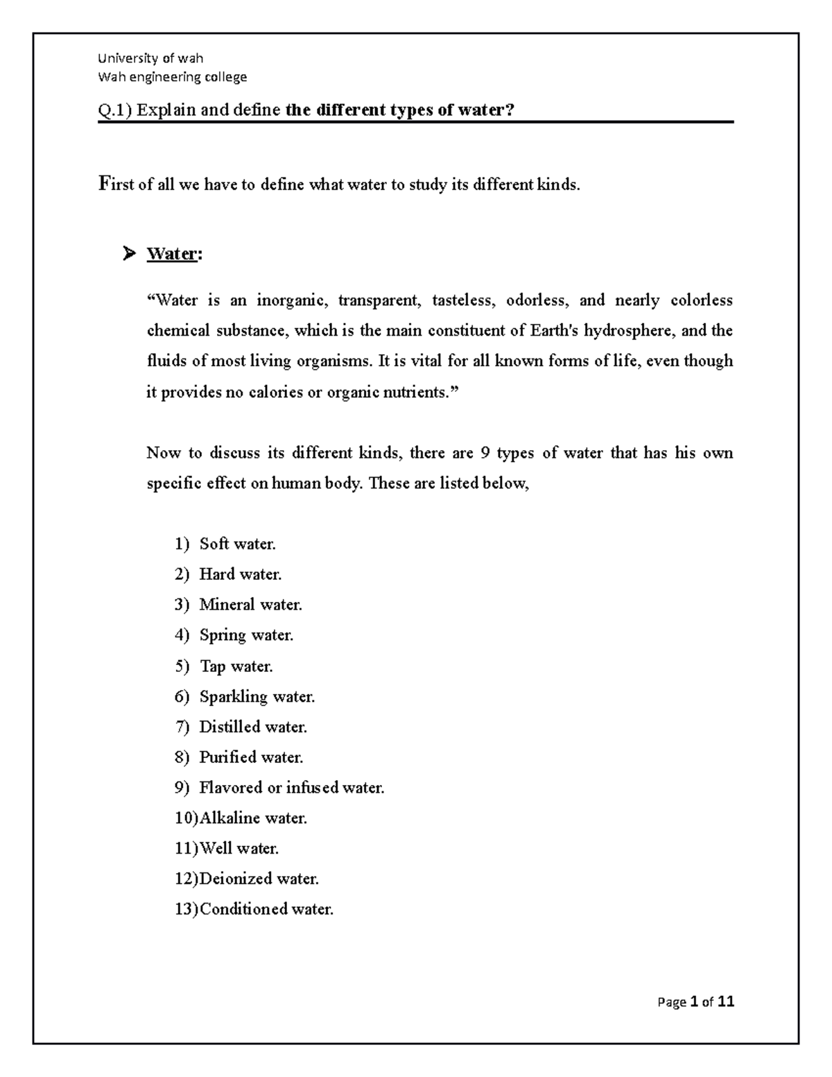 Applied Chemistry Assignment #05: Types and Uses of Water - Studocu