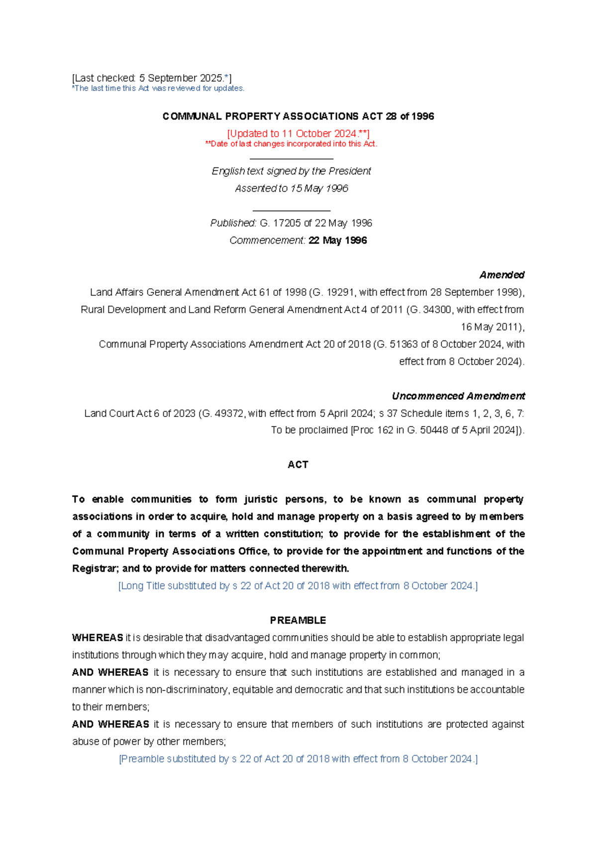 Communal Property Associations Act 28 of 1996 - Updated Notes - Studocu