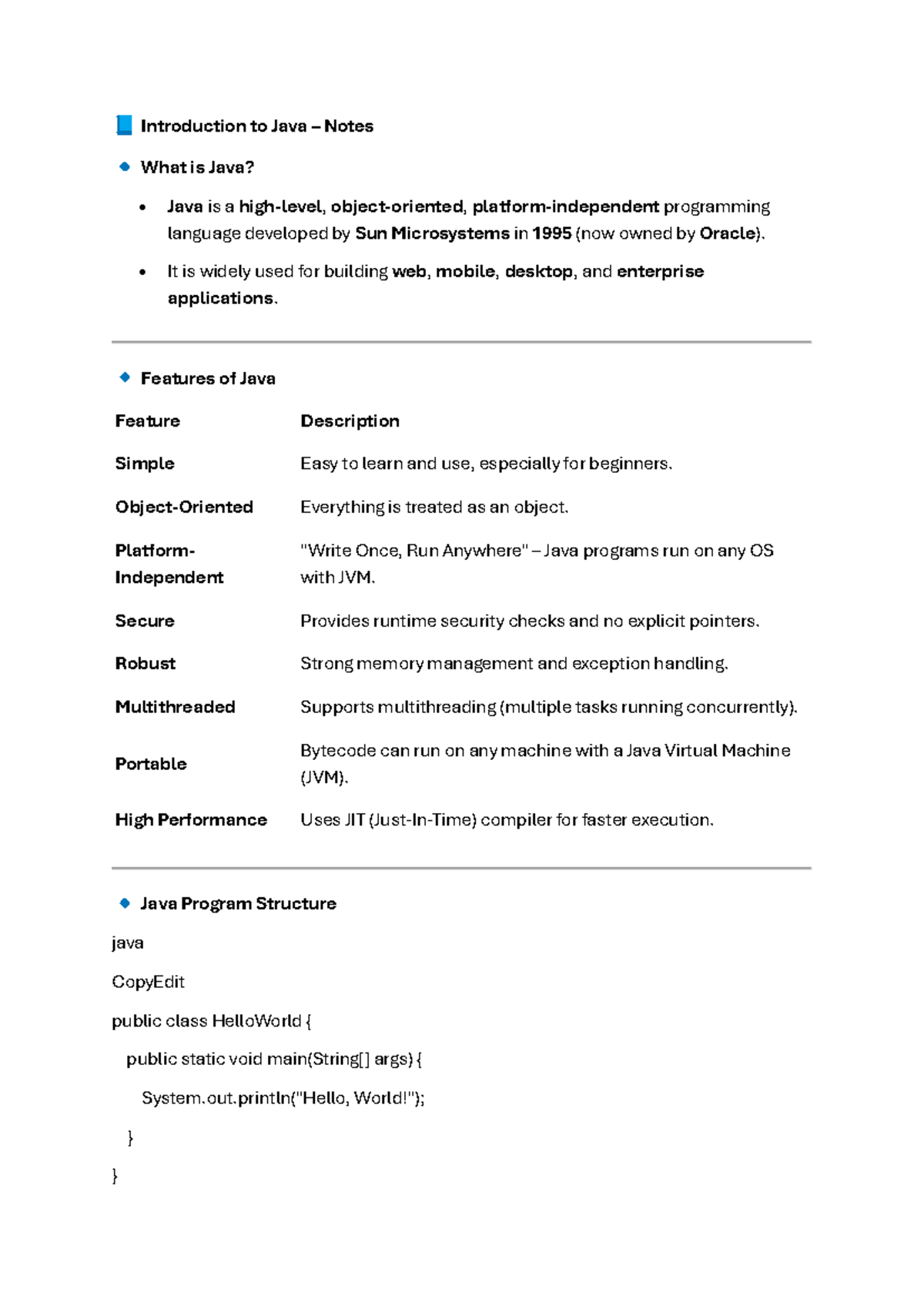 Intro to JAVA - Lecture Notes on Java Programming Basics - Studocu