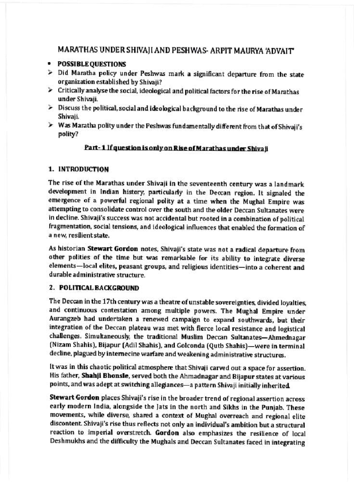 MARATHAS UNDER SHIVAJI: POLITICAL AND SOCIAL ANALYSIS (HIST 101) - Studocu