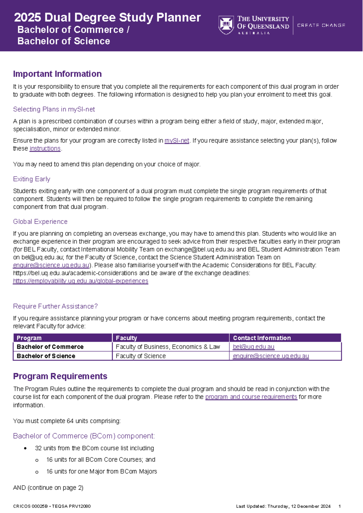 2025 Dual Degree Study Planner: BCom & BSc Program Guide - Studocu