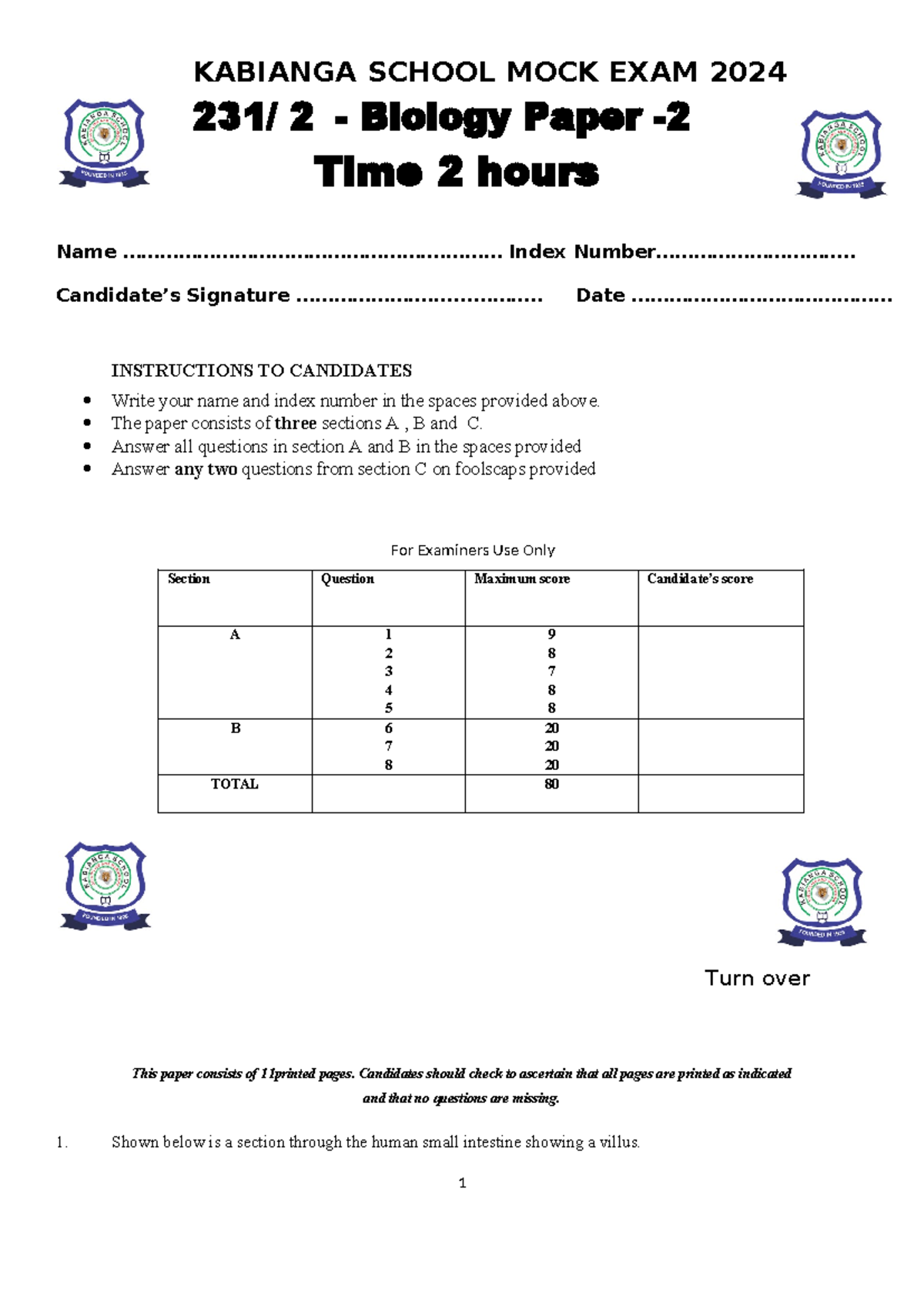 BIO-PP2 - Kabianga School Mock Exam 2024 - Biology Paper 231/2 - Studocu